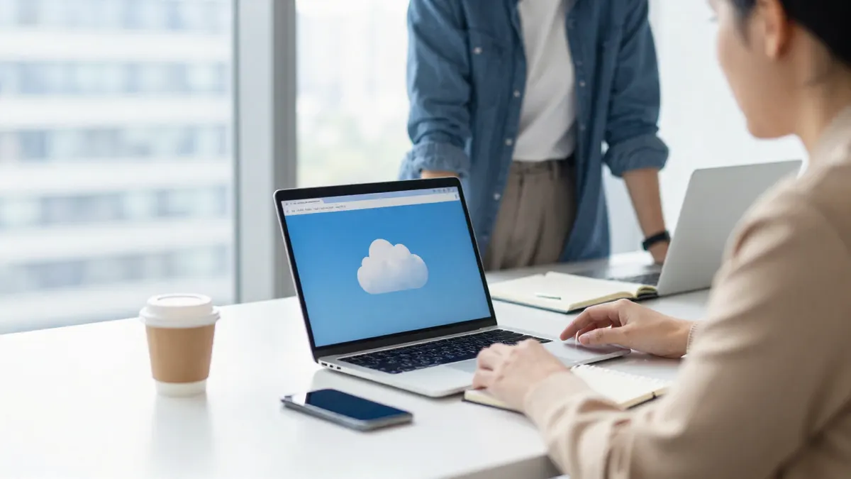 Two colleagues at a bright office desk, one working on a laptop with a cloud app open